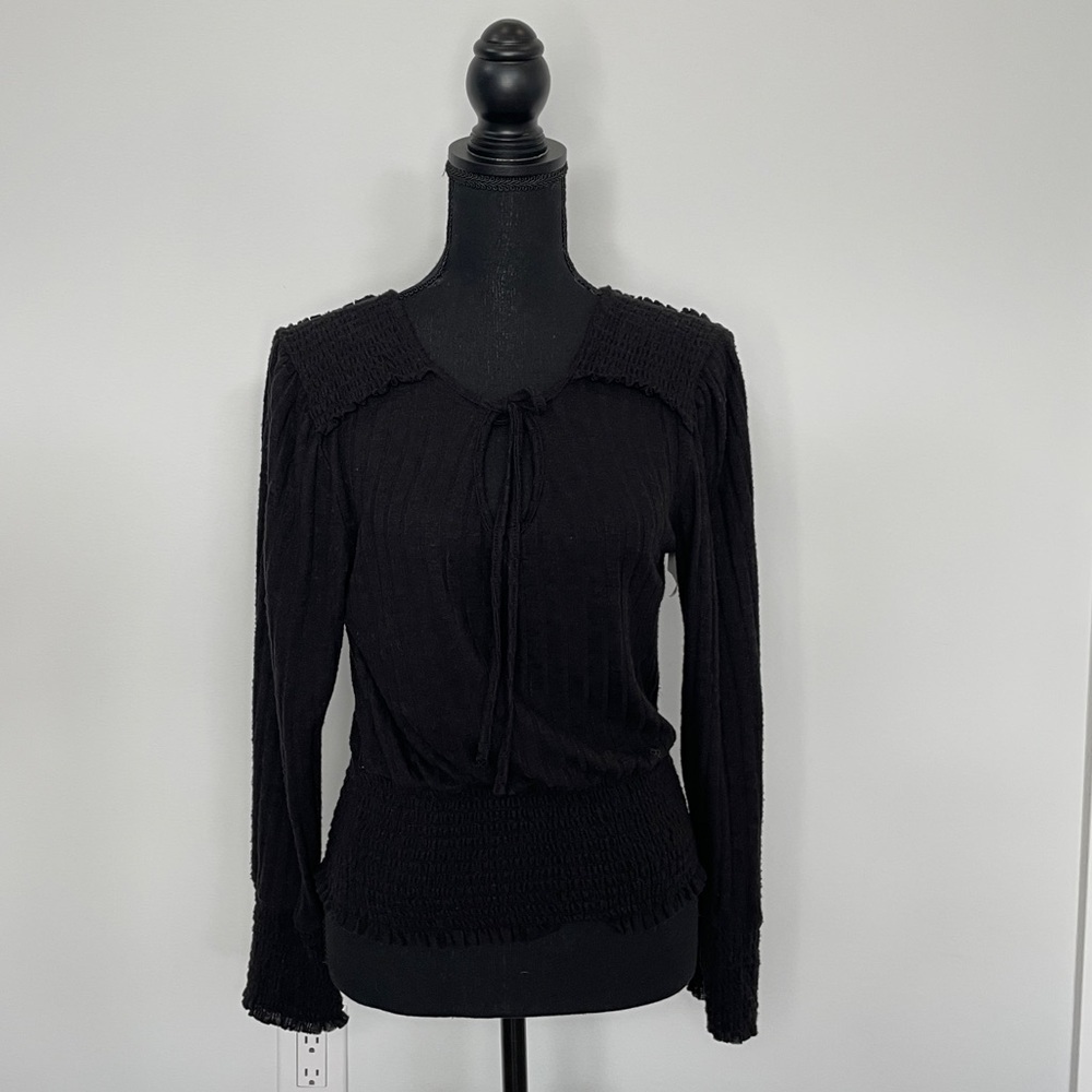 Bloomfield Black Long Sleeve Front Tie Cinch Waist Top
